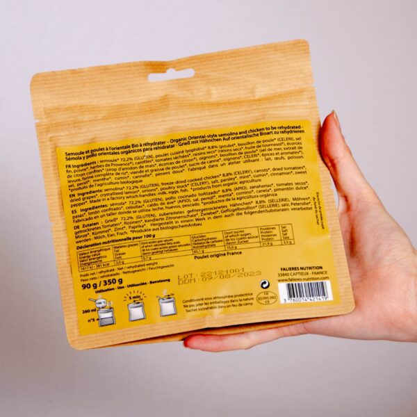 plat lyophilisé écologique treck randonnée – semoule et poulet à l'orientale bio 90 g voyager